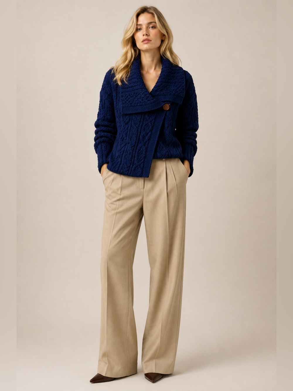 Aran Sweater Market 100% Merino Wool Cable Knit Cardigan Navy Shawl Collar - Picture 4 of 9